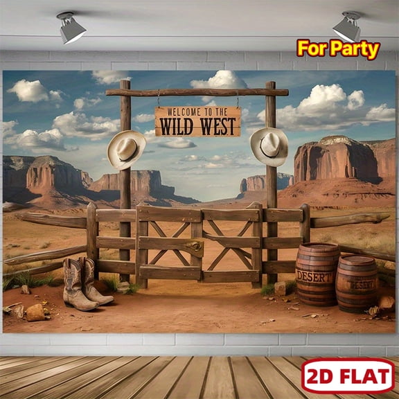 2D tapestry, 1pc, Durable Western-Themed Party tapestry Photo Booth Backdrop, Featuring Cowboy Hats, Wooden Barrels, And Desert Scenery Patterns, Suitable for Home, Bar, Cafe, Restaurant, Club