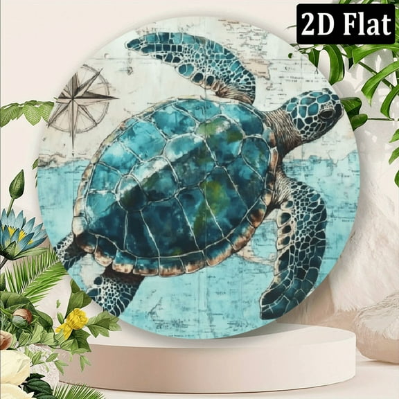 2D turtle ocean compass Metal Sign Wall Decor, 8x8 inch Wall Art Circular Sign Garden Metal Sign for Home Party Decor