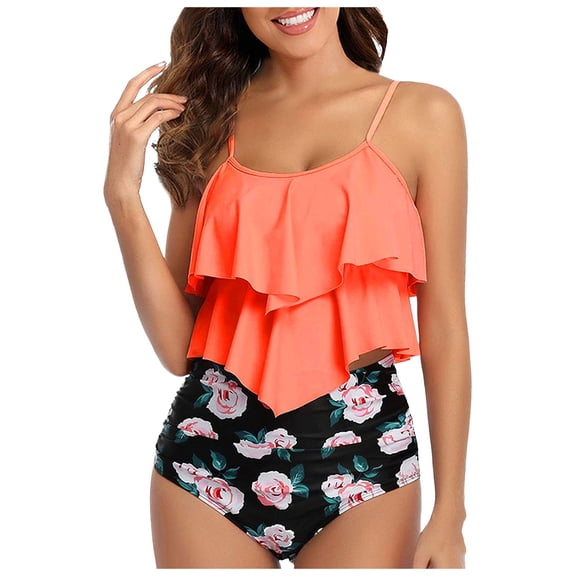 2DXuixsh 2 Pcs Women's Bikini Sets Boho Split Swimsuit Spaghetti Strap Ruffle Vest Control Tummy Vacation Floral Swimsuit High Waist Bikini Sets for Women Beachwear Red Size Xl