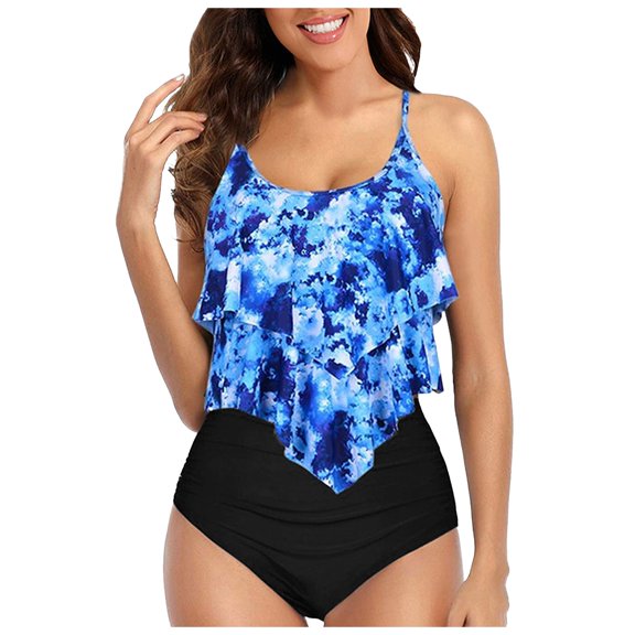 2DXuixsh 2 Pcs Women's Bikini Sets Boho Split Swimsuit Spaghetti Strap Ruffle Vest Control Tummy Vacation Floral Swimsuit High Waist Bikini Sets for Women Beachwear Dark Blue Size M
