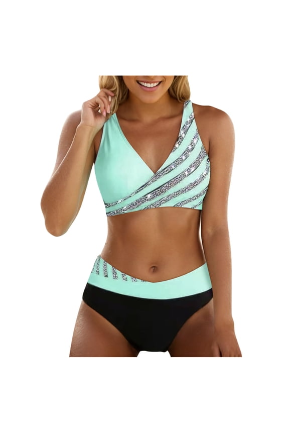 2 Pcs Womens Swimsuits Sexy Hot Diamonds Padded Push up Bra Patchwork Print Swimsuit Sports Swimwear Bikini Beachwear Bathing Suit Green Size S