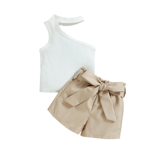 Jdefeg 2 Year Old Girls Clothes Summer Toddler Girls Sleeveless Ribbed Vest Off Shoulder Tops and Shorts Belt Outfits Skirt Set Cotton Blend Khaki 100