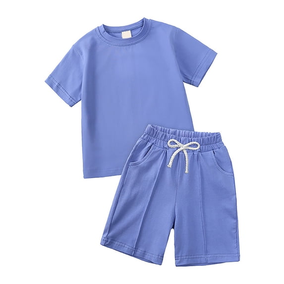 2DXuixsh 2Pcs Toddler Outfits Girl Summer Cotton Shirt Short Sets Comfortable Soft Breathable Short Sleeved Sweatshirt Pants Solid Color Boys Outfits Blue Size 2