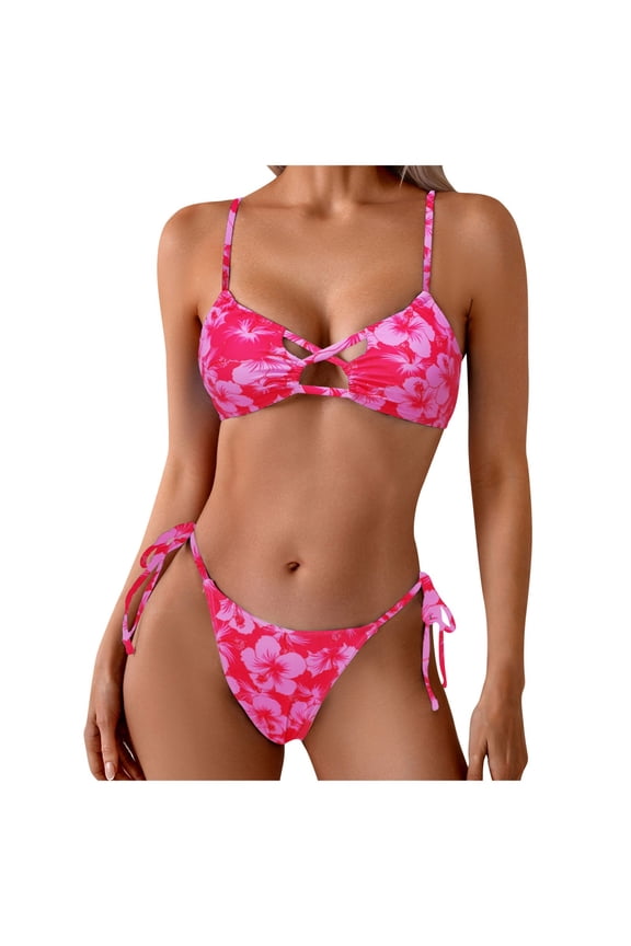 2Pcs Women's Bikini Sets Push up Swimsuits Sporty Beachwear Toile String Bikinis Cut Out Lace up Two Piece Swimsuit High Cut Tie Side Bathing Suit Pink Size M