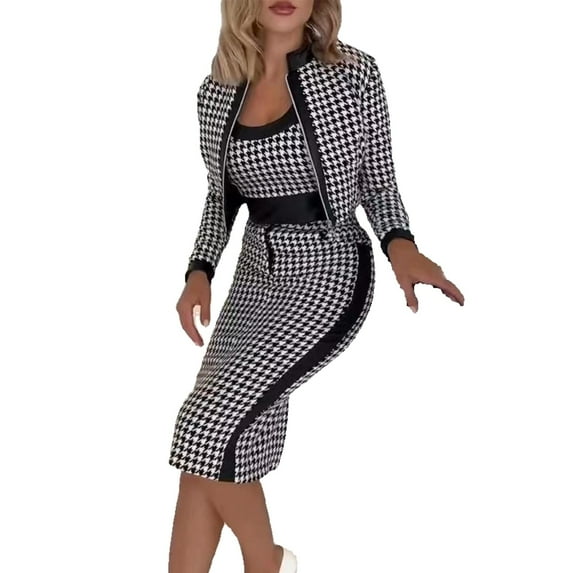2DXuixsh 3 Pcs Women's Fashion Set Leisure Slim Fit Plaid Printed Long Sleeve Coat Tank Top Short Skirt Three Piece Set Work Suit Black Size S