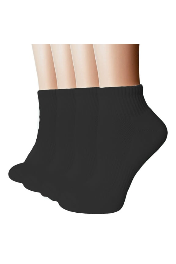 4 Pairs Ankle Compression Socks for Women Breathable Athletic Anti Blister Wicking Athletic Ankle Quarter Cushion Cotton Socks for Running Tennis Workout Black