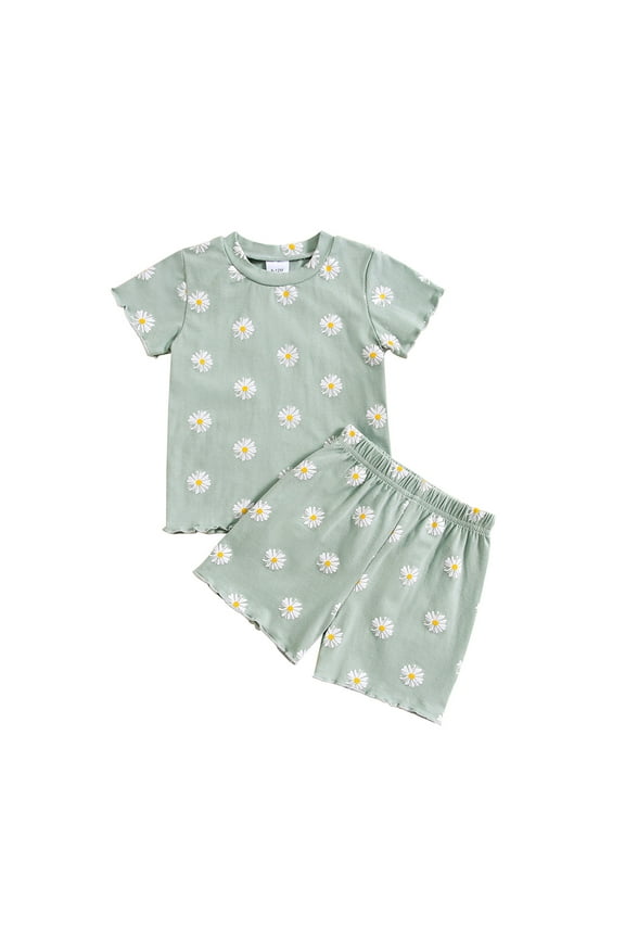 Baby Girl Clothes Toddler Girls Summer Short Sleeve Floral Prints Tops Shorts 2Pcs Outfits Clothes Set for Children Clothes Green Size 3Y