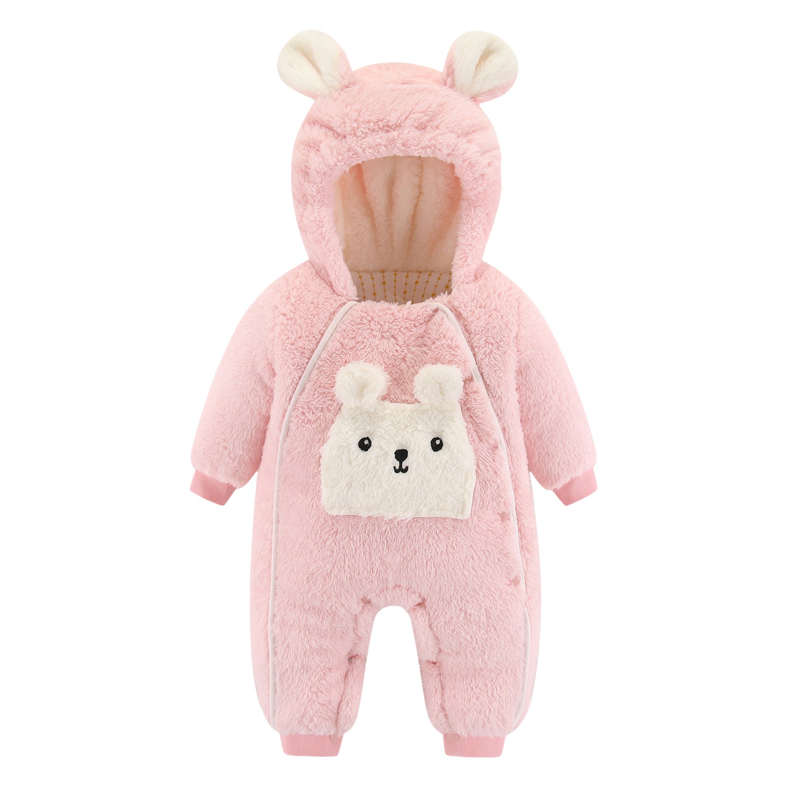 Baby Teddy Bear Fleece Jumpsuit – Pink & Beige
