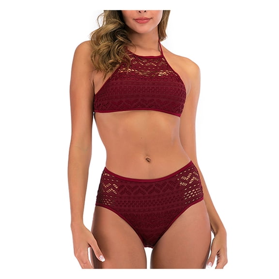 2DXuixsh Bathing Suits for Juniors Shorts Neck Women's Waist High Swimsuit V Two Pieces Crochet Set Lace Bikini Swimwears Set Swimsuits for Women 3 Piece Red M