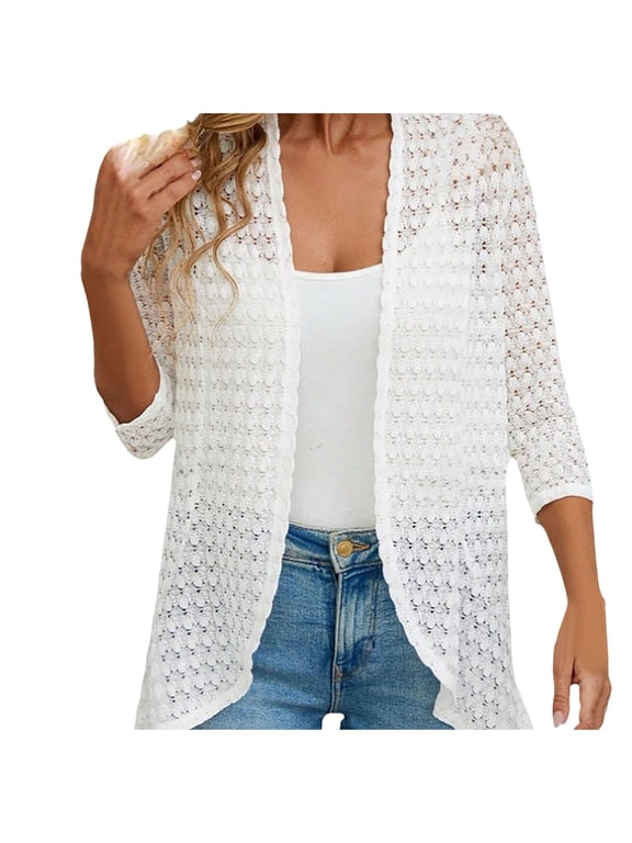 Cardigan Sweaters for Women Trendy Elegant Women Fashion Solid with Lace Casual Beach Coat Cardigan Top Crew Neck Classic Sweater Knit Cardigan White Size L