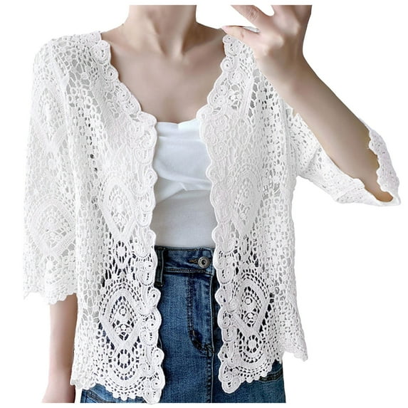 2DXuixsh Cardigan for Women Dressy Elegant Cardigan Women's Lace Short Three Quarter Sleeve Hollow Weave Coat Cute Modify Body White
