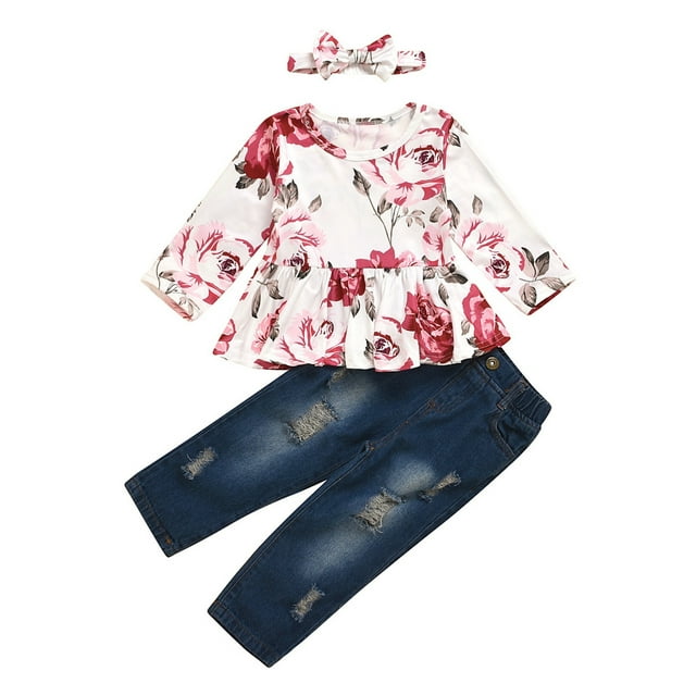 2DXuixsh Children Clothes Girls 3-6 Years Toddler Kids Child Baby Girls Long Sleeve Floral Print Tops Blouse Ripped Jeans Pant Trousers with Headbands Outfits Set 3Pcs 1 Month Old Girl Clothes A 90