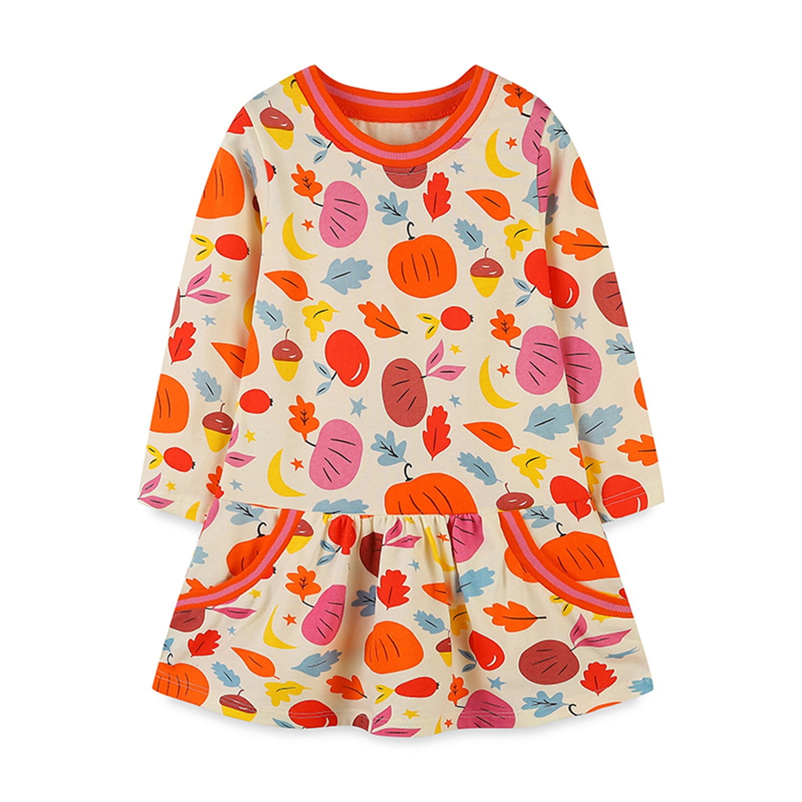 2DXuixsh Christmas Toddler Girls Dress Winter Longsleeve Dress Cotton Casual Dresses with Pockets for 2 to 7 Years Old Girls Orange Size 5