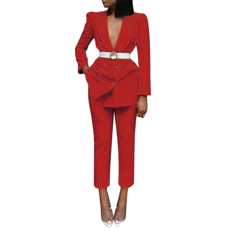 2DXuixsh Curvy Fit Autumn Winter Women's Long Sleeve Suit Coat Solid Two  Piece Set Chiffon Pant Suits for Women Plus Pants for Women  Polyester,Spandex Red Xl 