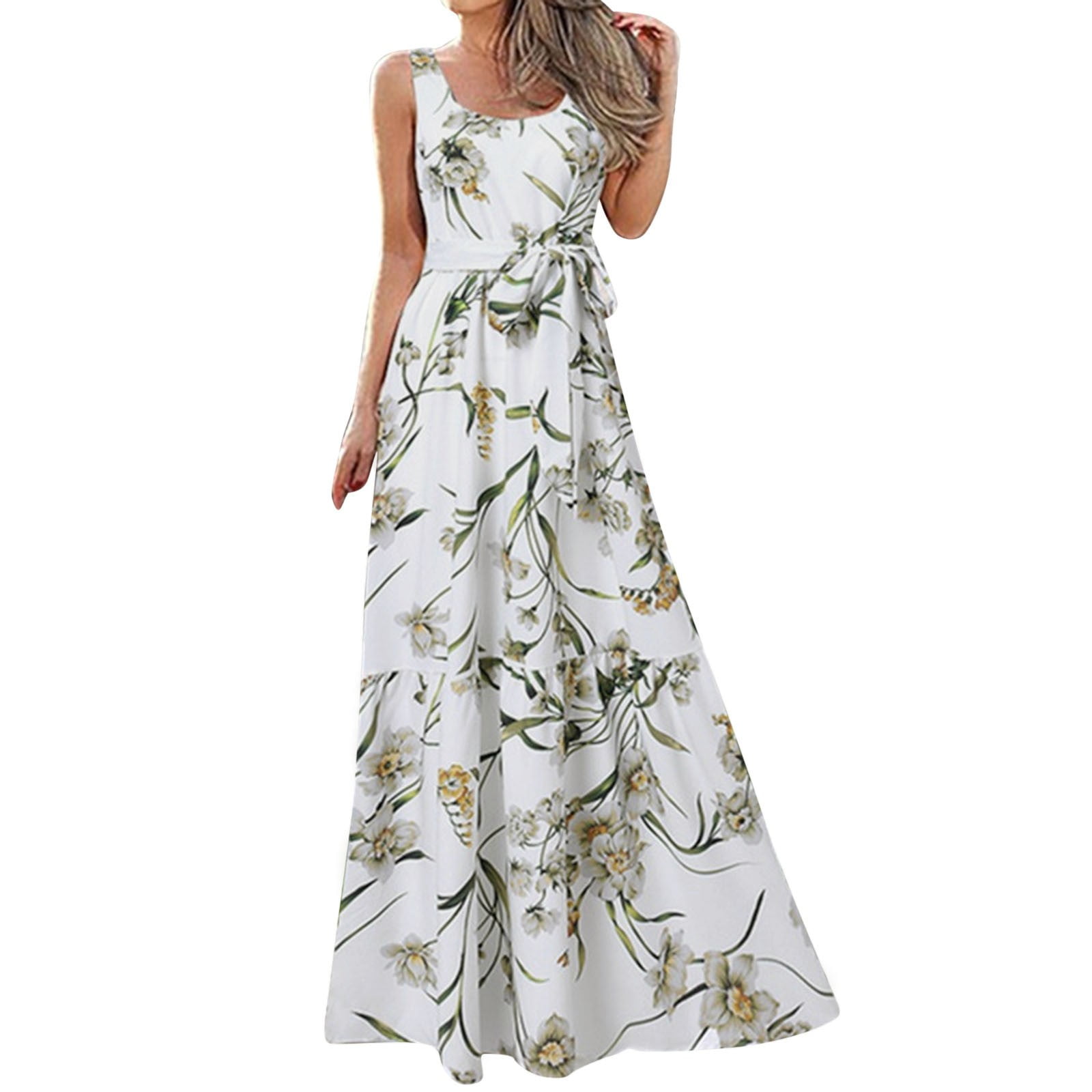 2DXuixsh Cute Sundress Summer Dresses for Women with Floral Print  Sleeveless Long Dress Casual Elegant Loose for Party Maxi Dress for Women  Plus Size Formal Polyester,Spandex White L - Walmart.com