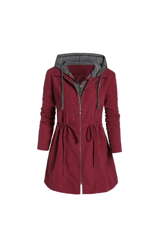 Fitted Jacket Women Winter Mid-Length Windbreaker Plus Size Drawstring Hooded Outwear with Pocket Womens Zip Up Fitted Jacket Polyester Red L