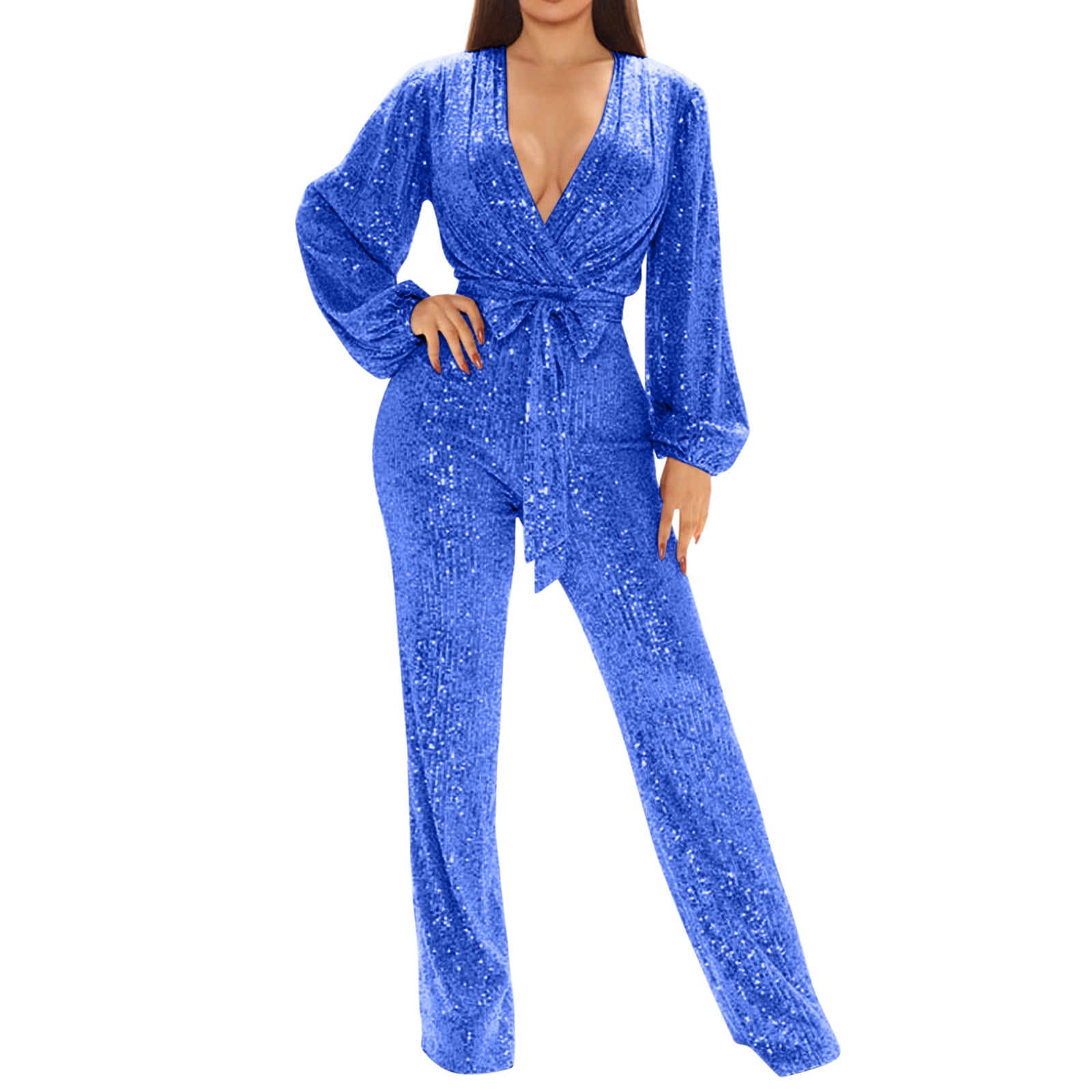 2DXuixsh Formal Pant Suits for Women Evening Wear Women's Fashion Casual V  Neck Long Sleeve Sequin Jumpsuit Wide Leg Pants Jumpsuit Jacket Women