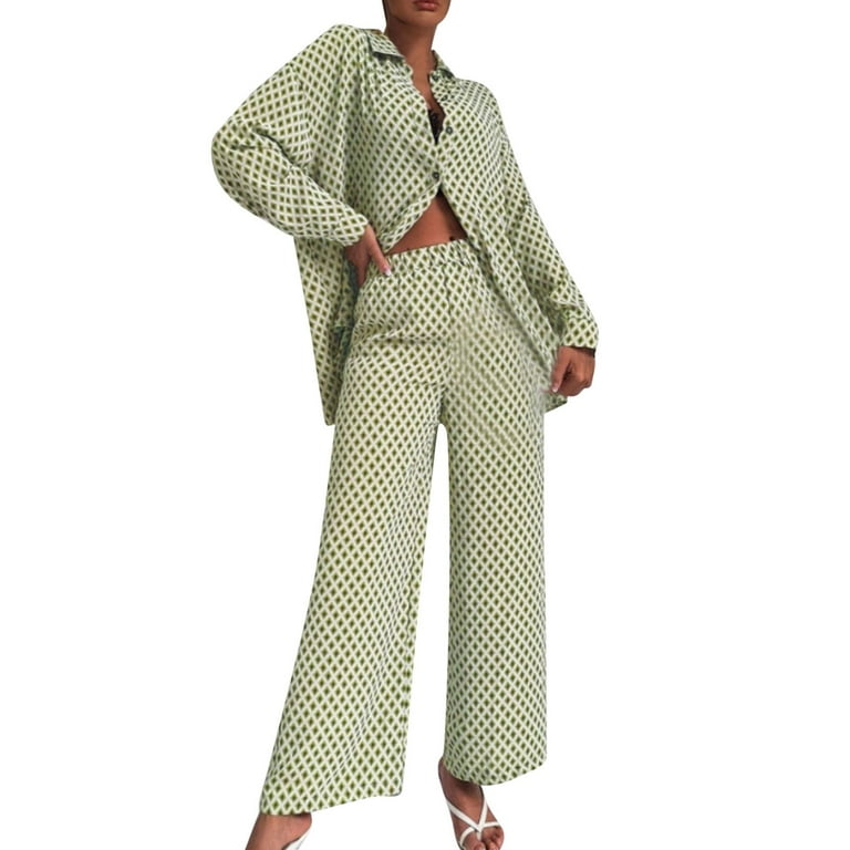 2DXuixsh Formal Pants Suits for Women Evening Weddings Ladies' Street  Hipster Print Trouser Suit Long Sleeved Full Frame Print Off Shoulder Shirt Suit  Women's Pants Suits for Work Mint Green Xl 
