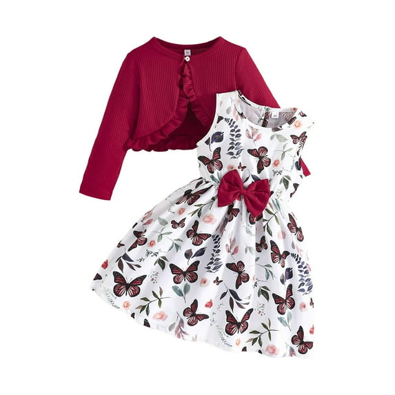2DXuixsh Girls Fashion Clothes Floral Dresses Ruffle Sweaters Top Outfit Set 2Pcs Little Toddler Girls Dress with Cardigan Spring Fall Girls Clothes for 2-8 Years Red 5-6 Years