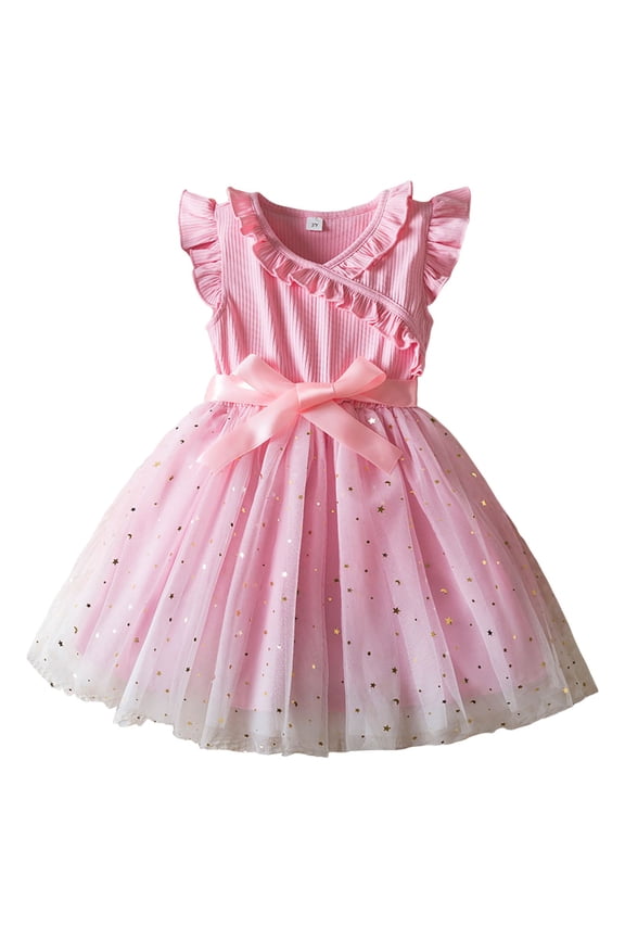 Girls Formal Dress Flower Girl Dresses for Wedding Party Toddler Girl Tulle Dress Summer Ruffle Sleeveless Baby Girl Fashion Casual Dresses Pink Size L