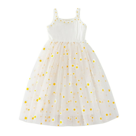 2DXuixsh Girls Party Dress Sweet Kids Girls Tulle Skirt Summer Fashion Little Daisy Print Puffy Princess Dress Children's Beach Dress White Size 100