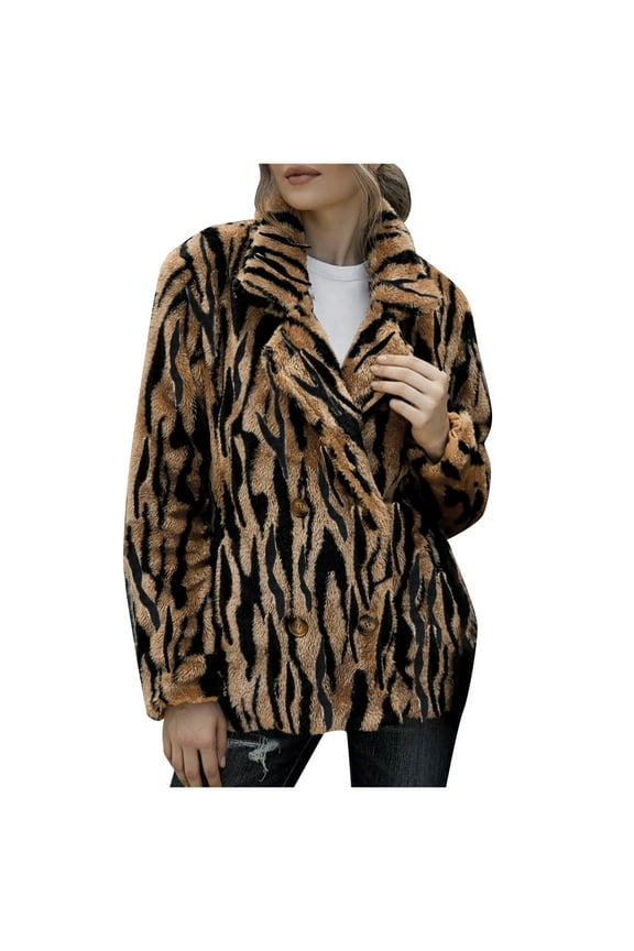 Jackets for Women Women's Autumn Winter Fashion Thickened Animal Print Plush Lapels Long Sleeve Coat Windproof Womens Cold Weather Jacket Coffe Size M