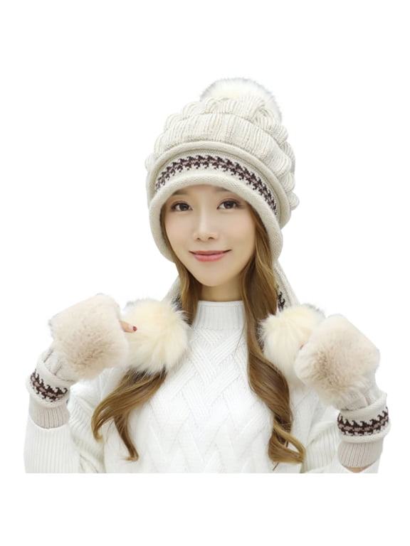 Ladies Hat Warm Hat Thick Knitted Plush Ball Ear Hat Women's Woolen Baseball Caps for Summer Hats for Men Women Baseball Cap Beige One Size
