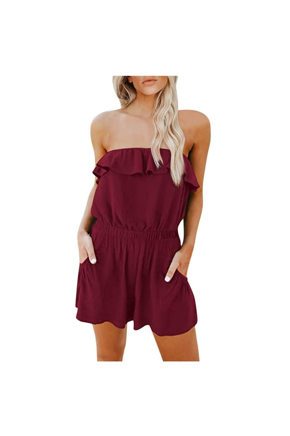 Ladies Romper Strapless Rompers Shorts Summer Casual Ruffle Off Jumpsuit Shoulder Women Women's Jumpsuit Women Sequin Jumpsuit Polyester Gray M