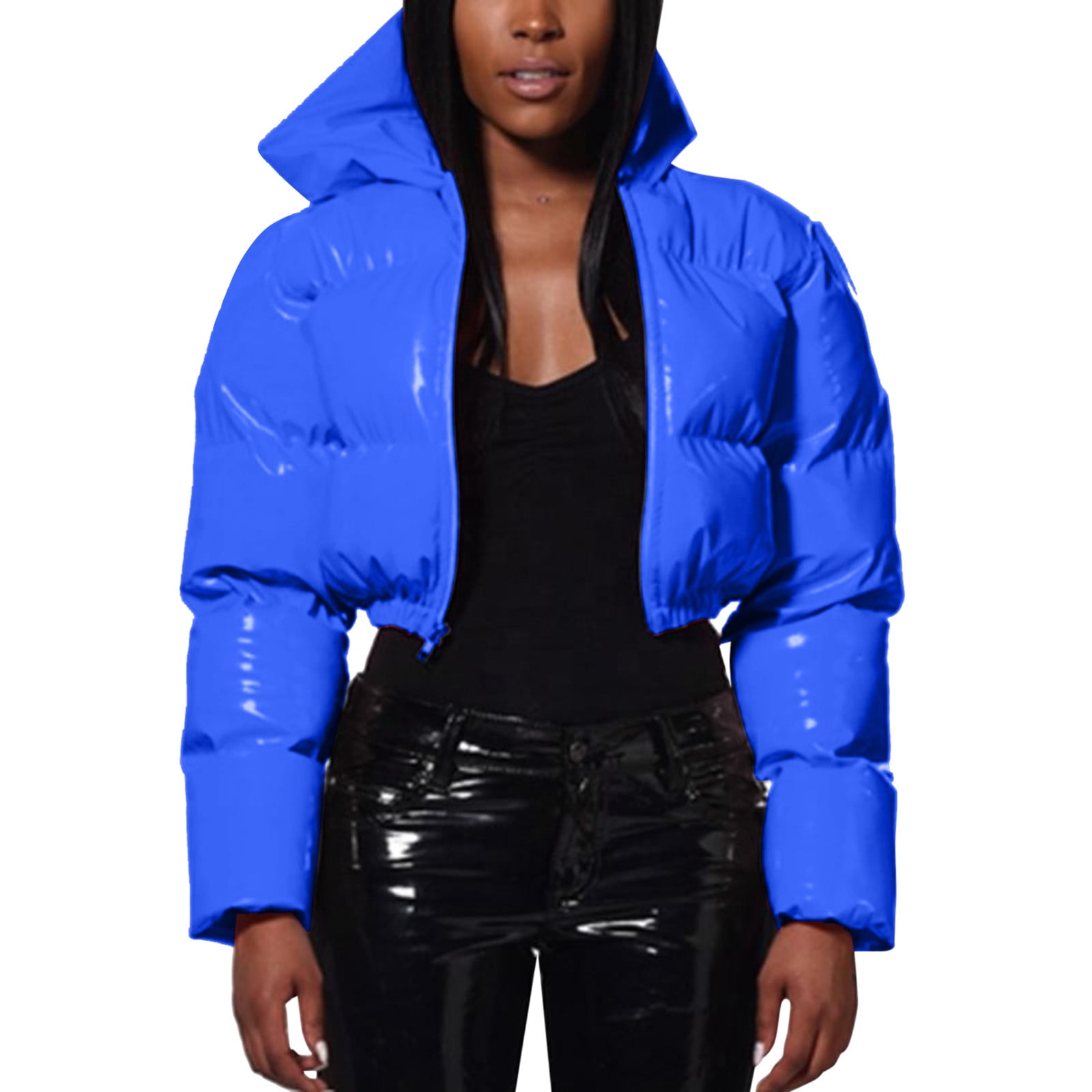 2DXuixsh Lightweight Jacket Women Ladies Autumn and Winter Warm Short Shiny  Padded Hooded Leather Jacket Winter Jacket Women Long Polyester,Pu Blue S 