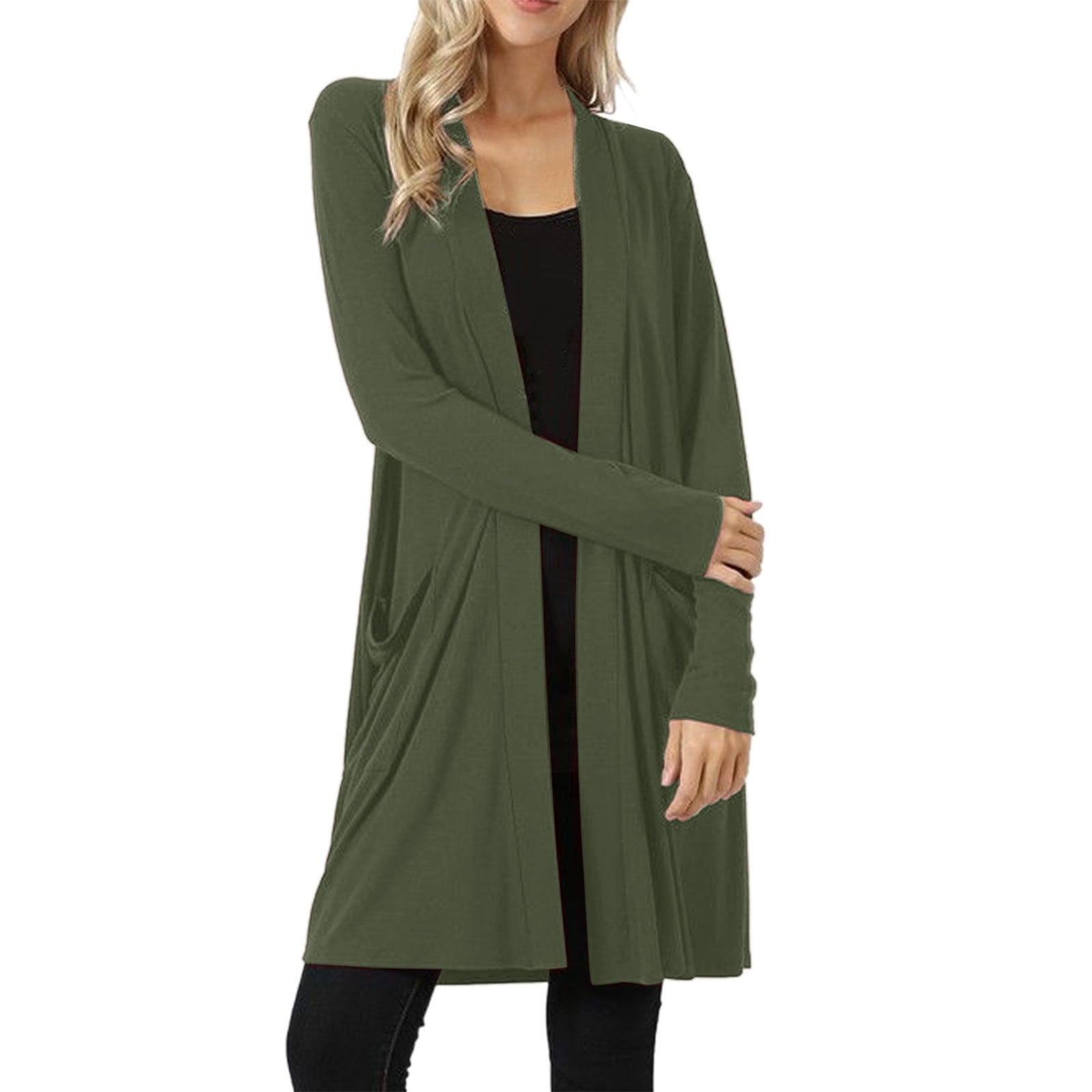2DXuixsh Long Cardigans for Women Warm Cardigan for Women Casual Women Lightweight Open Front Cardigan Solid Soft Long Sleeve Sweater Pockets Ladies Cardigan Sweaters Petite Polyester Army Green Xl Wa...
