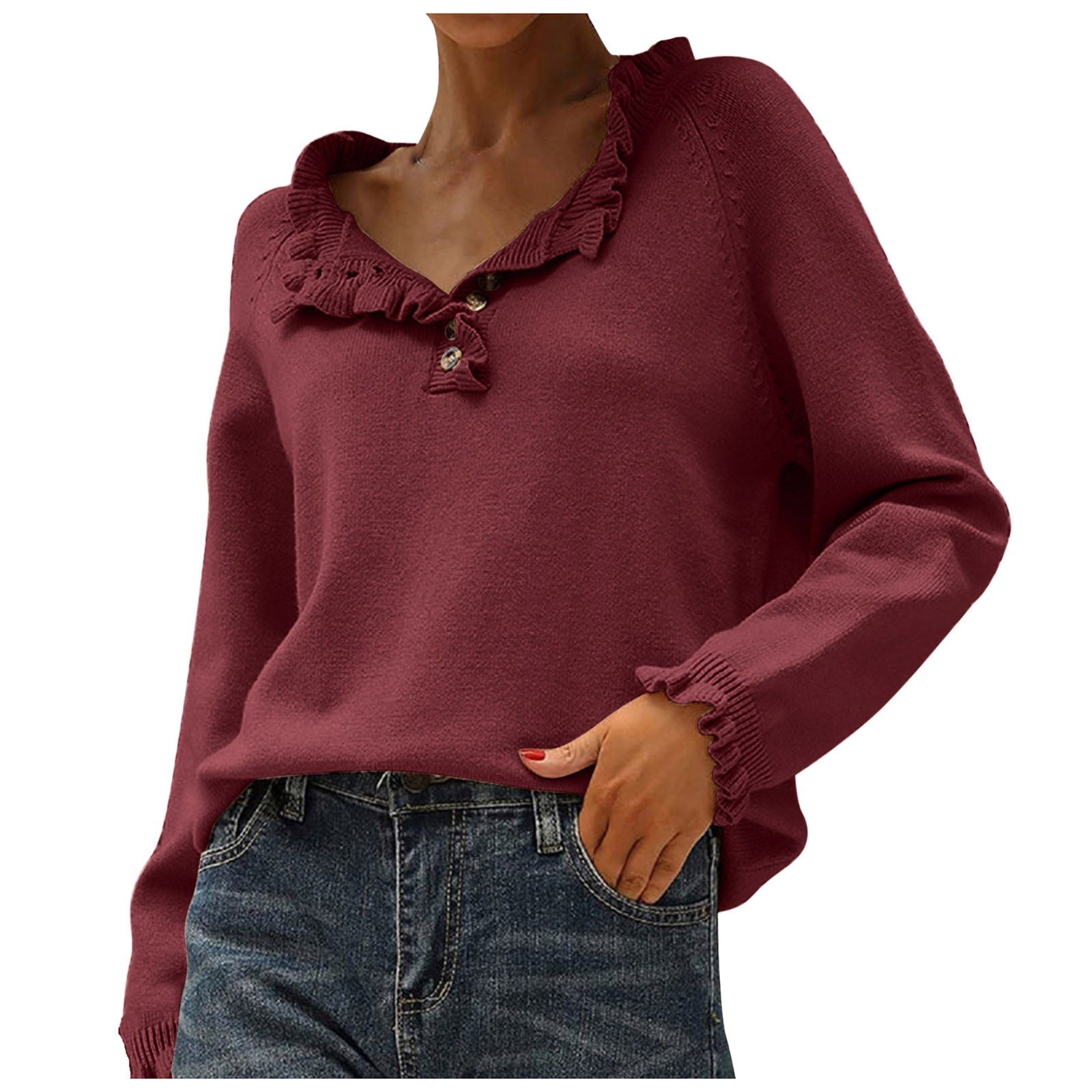 Summer Sweaters Ruffled 2DXuixsh Outfits Women's Sweaters Casual Long Sleeve Button Down Crew ...