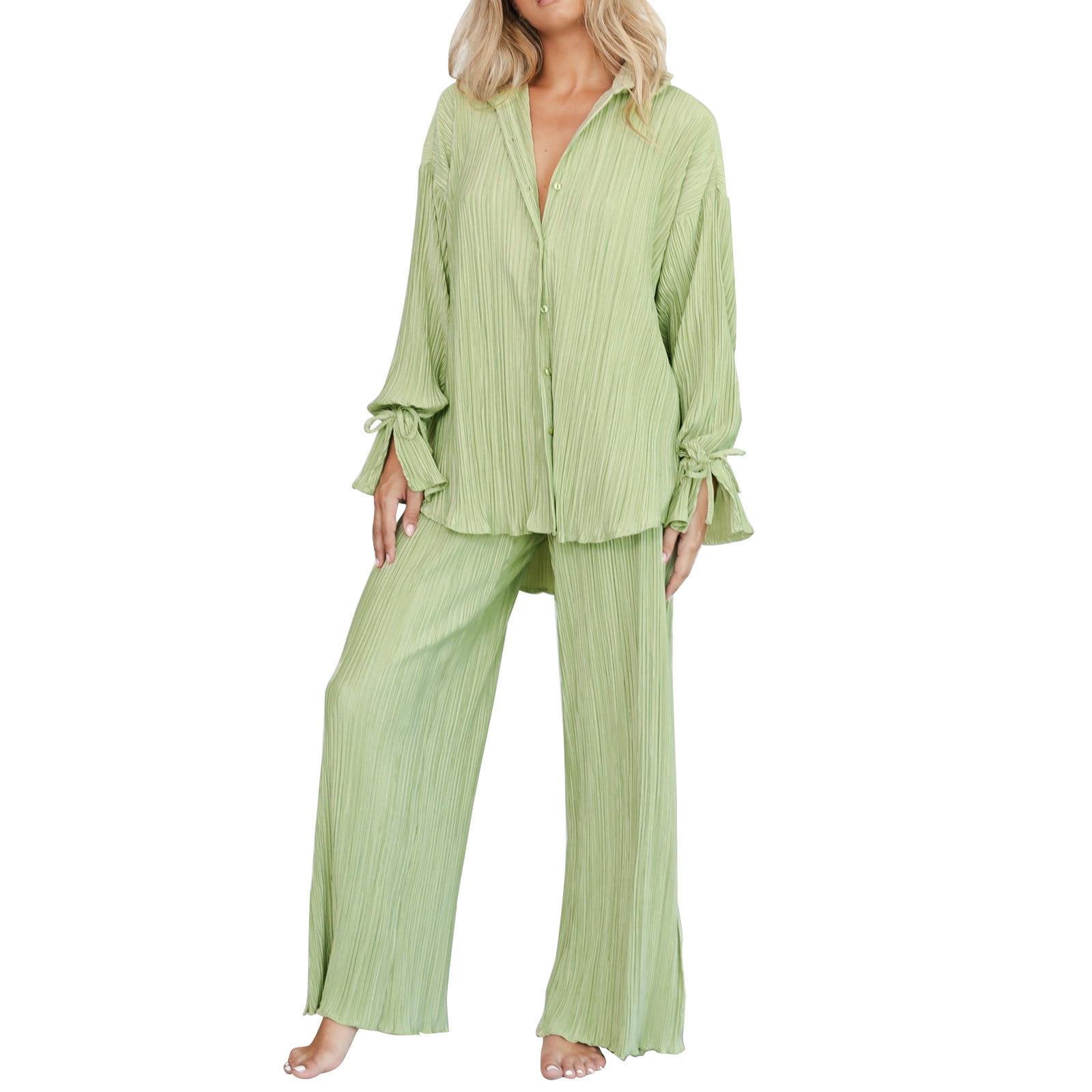JDEFEG Romper for Bride 2 Pieces Pants Set Loose Button Long Sleeve Shirt  Wide Leg Palazzo Pants Outfits Sweatsuit Womens Formal Suit Polyester Mint  Green Xl 