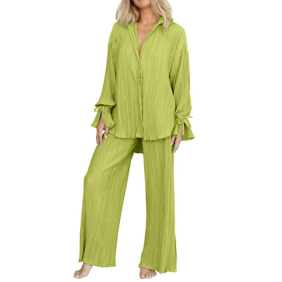 2DXuixsh Petite Pant Suits for Women Dressy Women 2 Piece Outfits Casual Long Sleeve Loose Fit Button Shirts Blouses Tops Wide Leg Long Pants Sets Jumpsuit Women Wedding Polyester Green Xl