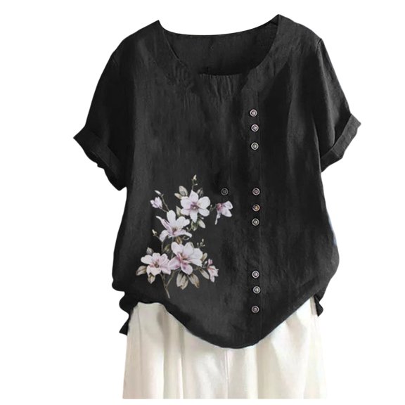 2DXuixsh Shirts Fashion Womens Casual Loose Button Linen Plus Size Daily Boho Tanic T Shirt Blouse Tops Womens Shirts Dressy Casual Black S