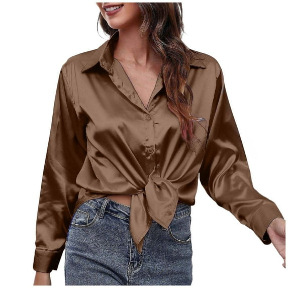 2DXuixsh Shirts for Women Fashion Women's Blouse Satin Silk Shirt Button Down Shirt Casual Loose Long Sleeve Office Work Long Edition Blouse Coffee Size M