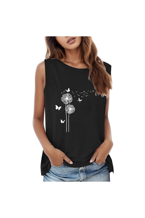 Summer Tank Tops for Women Activewear Simple Sleeveless Flower Printed Crew Neck Tank Top Casual Vest Top Shirt Blouse Black Size Xxl