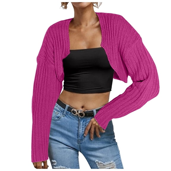 2DXuixsh Sweaters for Women Activewear Women Long Sleeve Open Front Ribbed Knit Crop Cardigan Solid Loose Drop Shoulder Bolero Crop Sweater Top Hot Pink Size Xxl