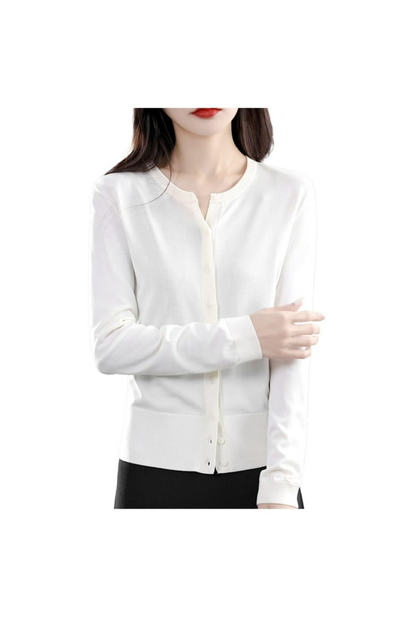 Sweaters for Women Soft Women Knitted Sweater Thin Ice Silk Linen Long Sleeve Cardigan Crew Neck Classic Sweater Knit Cardigan White Size L
