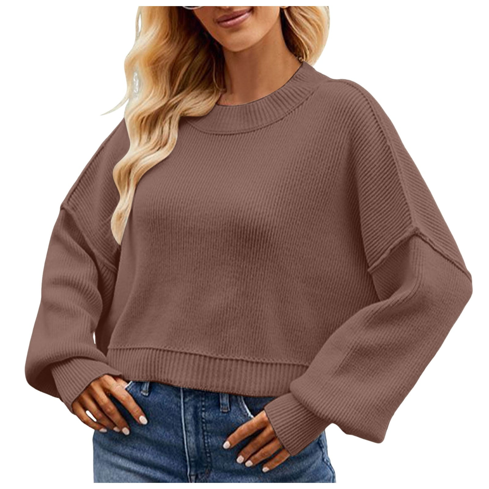 2DXuixsh Sweaters for Women Women Loose Cropped Pullover Round Neck