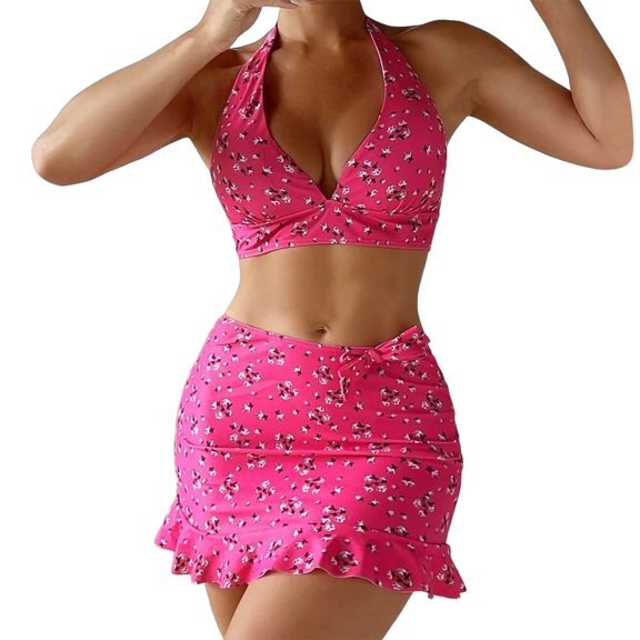 2DXuixsh Swimwear Ladies Swimsuits Women Bikini Set Printed Three Piece Beach Wear Hot Swimwears Bikini Set Womens Swimsuit Short Hot Pink S