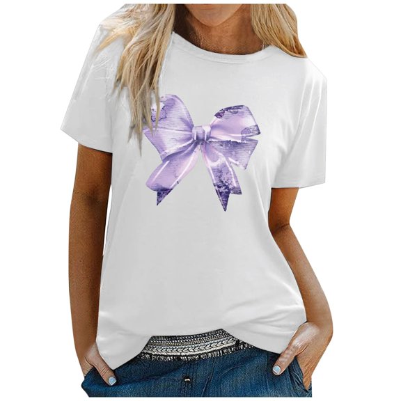 2DXuixsh T Shirts for Women Relaxed Fit Women's Casual Round Neck Fun Bow Fruit Cake Printed T Shirt Short Sleeved 4 Fitted T Shirts for Women Purple Size Xxxl