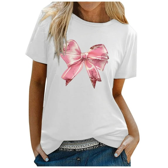 2DXuixsh T Shirts for Women Relaxed Fit Women's Casual Round Neck Fun Bow Fruit Cake Printed T Shirt Short Sleeved 4 Fitted T Shirts for Women Pink Size Xl