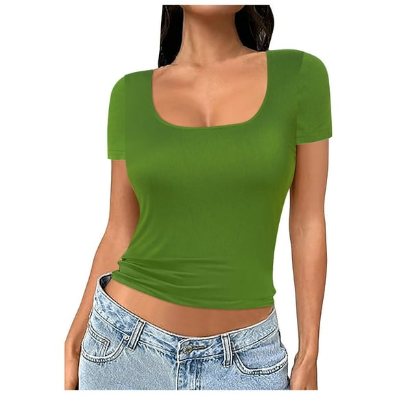 2DXuixsh T Shirts for Women Slim Yoga Top Sexy Square Neck Tight Top Short Sleeve Solid Color Double Layer Tops Basic Slim Fit Going Out T Shirt Green Size L