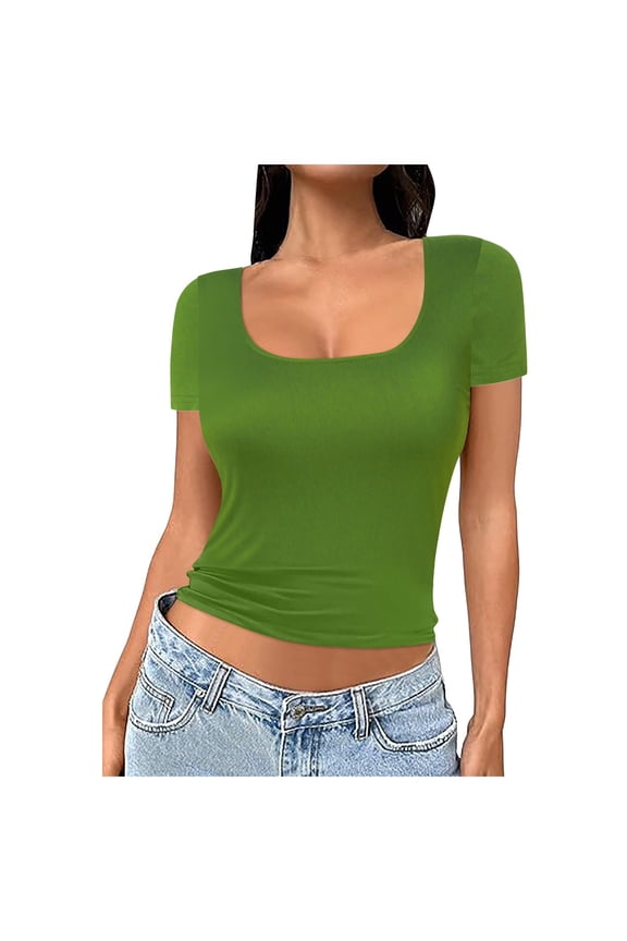 T Shirts for Women Slim Yoga Top Sexy Square Neck Tight Top Short Sleeve Solid Color Double Layer Tops Basic Slim Fit Going Out T Shirt Green Size L