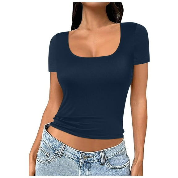 2DXuixsh T Shirts for Women Slim Yoga Top Sexy Square Neck Tight Top Short Sleeve Solid Color Double Layer Tops Basic Slim Fit Going Out T Shirt Navy Size S