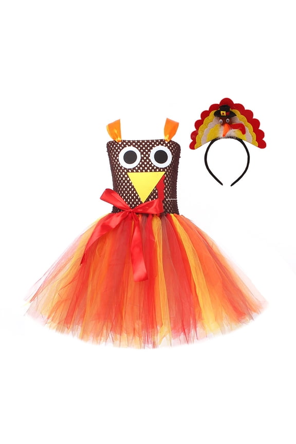 Toddler Thanksgiving Outfits Clothing Girls Dress Turkey Tutu Mesh Dress with Headwear 2Pcs Sets Performance Orange Size S