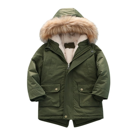2DXuixsh Winter Coats for Boys Size 10/12 Kids Boy's Coats Quilted Pu-Ffer Lined Jacket Thick Winter Coats Hooded Winter Water-Proof Par-Ka Outerwear Kid Coat Boy Polyester Green 110