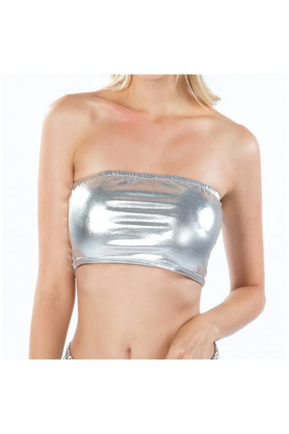 Women Bandeau Bra Sexy Leather Tube Tops Going Out Party Clubwear Strapless Tank Bustier Corset Leather Solid Color Tube Top Shirt Performance Tops Silver Size Xl