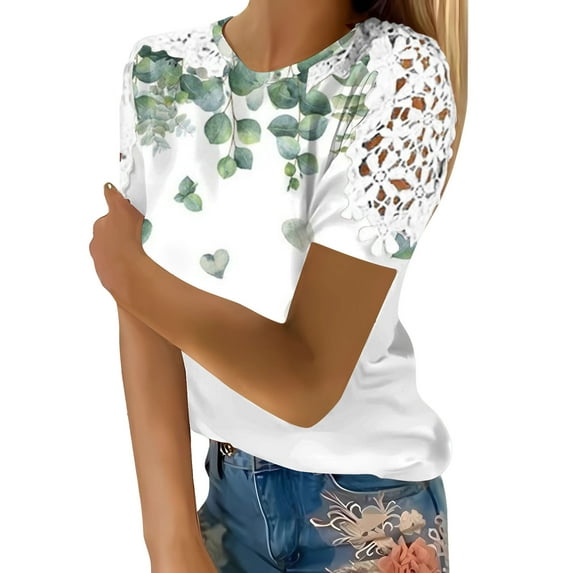2DXuixsh Women Tops Womens Shirt Cute Lace Top Short Sleeve Elegant T Shirt Fancy Shirts Women Womens Tops Tshirts Shirts for Women White Size L