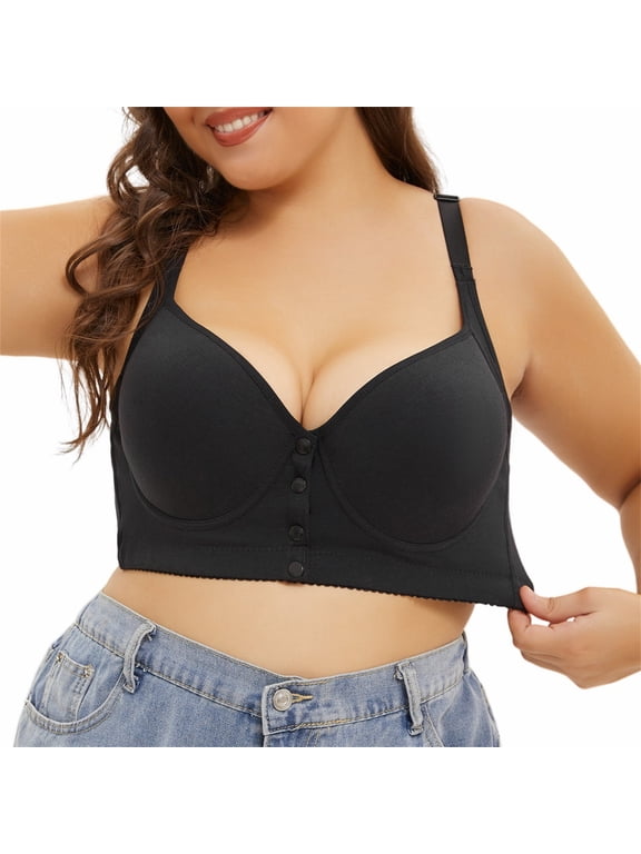 Women's Bras Push up Lace Bra Comfort Padded Lift up Sexy Front Button Large Size Bra with Steel Ring Bra Adjustable Middle Elderly Underwear Bra Black Size 48F